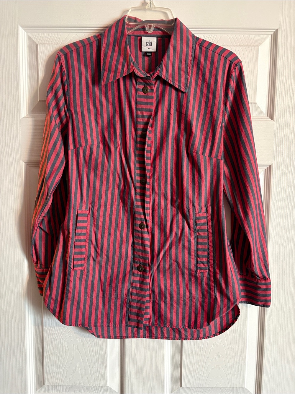 CAbi Red and Grey Vertical Stripe Button-Down Shirt